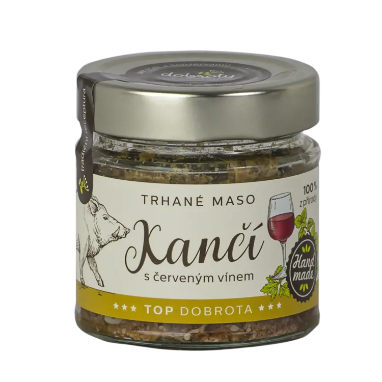 [301021] Dobroty z přírody - Trhané kančí maso s červeným vínem 140g