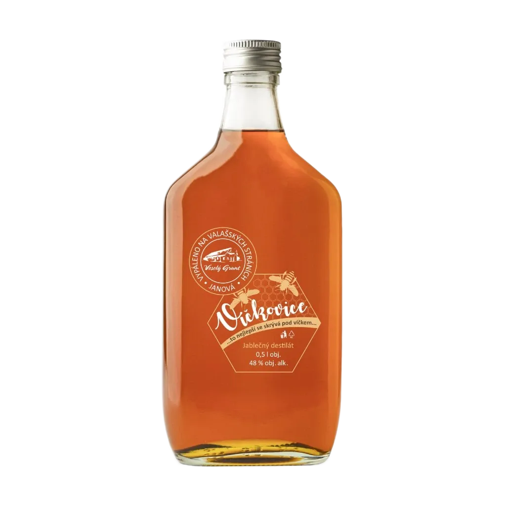 [1843184370349150] Veselý Grunt - Slivovice, víčkovice jablková 48% 0,5l