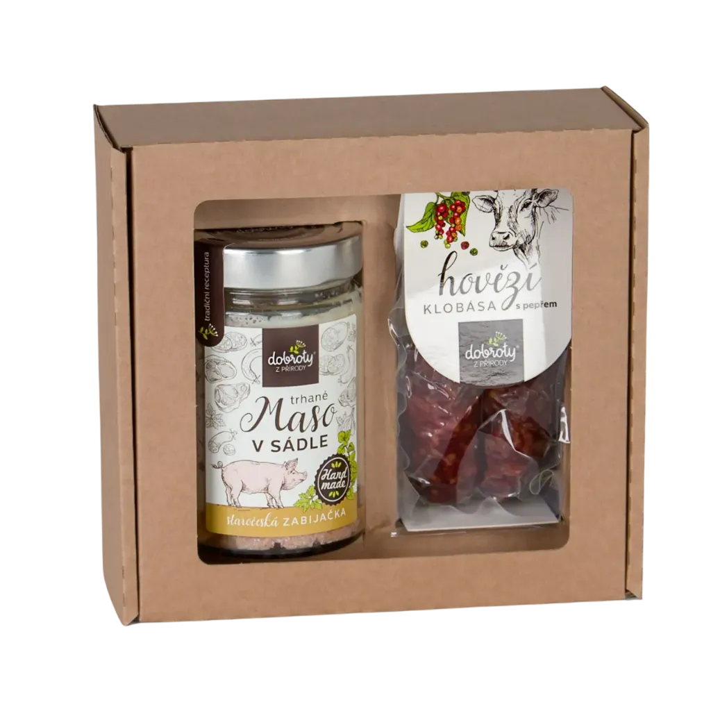 [900229] Dobroty z přírody - DB Trhané maso v sádle + Hovězí klobása s pepřem 250g/2ks